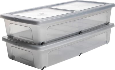 IRIS Clearbox Opbergbox - onder-het-bed - 35L - Kunststof - Transparant/Grijs - Met Wielen - Set van 2