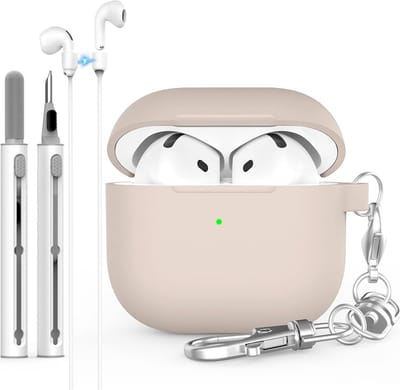 Siliconen Hoesje AirPods 4 2024 Beschermhoes met Reinigingsset en Anti-Verlies Riem - Beige