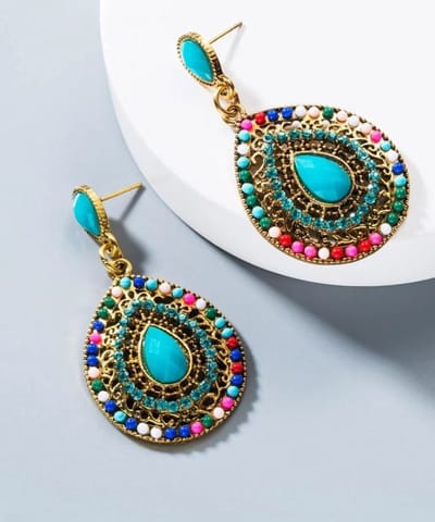Waterdruppel oorbellen multicolor met strass en kraaltjes 6x3 cm