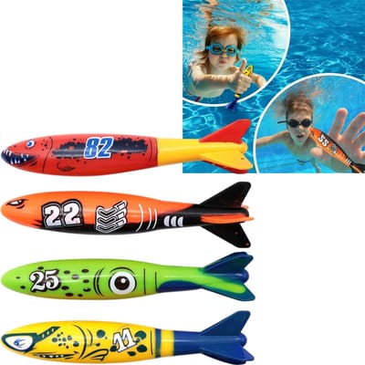 4 stuks - Haai Torpedo Duikspeelgoed - Zinkend en Werpbaar - Waterspeelpop - Onderwater Werpstok - 12,7 cm - Geschikt voor Kinderzwembad, Zomerduiktraining, Spelen en Cadeau - Kleurrijk