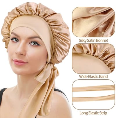 Actie4you® - Bonnet - Brede Elastische Lange Band - Slaapmuts Satijn - Hoofddeksel - Unisex – Haarnet - Goud