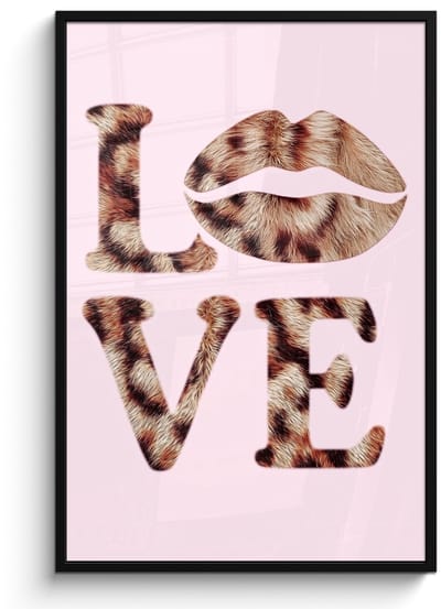 Poster in lijst - Fotolijst 80x120 cm - Posters - Tekst - Love - Pantervacht - Lichtroze - Posterlijst zwart - Decoratie - Wanddecoratie woonkamer - Muurdecoratie slaapkamer