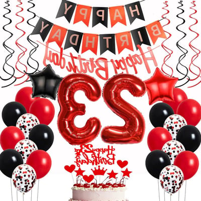 Verjaardagsdecoratie - Ballonnen - 23e verjaardag - Vrouwen - Rood - Zwart - Decoratie ballon - Taartdecoratie - 23 jaar - Vrouwen - Verjaardagsdecoratie - 23e Verjaardag