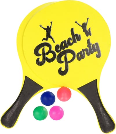 Houten beachball set - geel - met extra reserve balletjes - strand/camping spelletjes