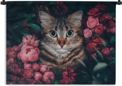 Wandkleed - Wanddoek - Kat - Bloemen - Bladeren - Botanisch - 120x90 cm - Wandtapijt