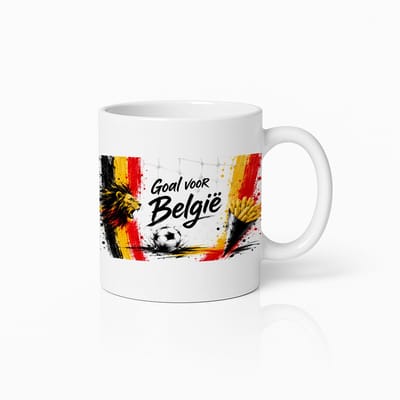 Goal voor België Voetbal Mok – Belgische Vlag Bal Friet Design – Witte Koffiemok 330 ml – België Supporter Cadeau Beker