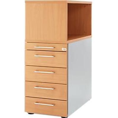 Schäfer Shop Genius Hoog ladeblok met open kast, afsluitbaar, B 435 x D 800 x H 1092 mm, met vierkante handgreep, beuken decor/blank aluminium