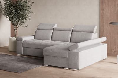 Hoekbank L met slaapfunctie, verstelbare hoofdsteunen & bedlade – Moderne slaapbank met opbergruimte – Hoekbank Luka L – Lichtgrijs (Twist 19) – Rechts
