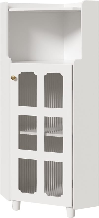 Witte Hoekkast - Moderne Hoek Vitrinekast Met LED Verlichting - App Bediening - Glazen Deuren - MDF - Woonkamer En Badkamer - 63,5x124cm - Wit