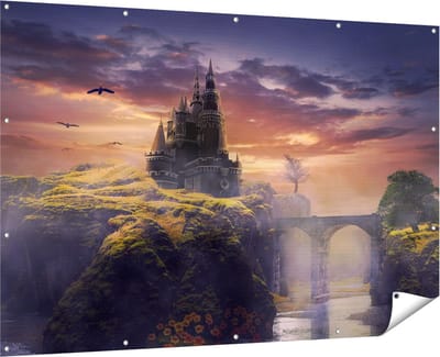 Gards Tuinposter Oud Kasteel op een Heuvel - 180x120 cm - Tuindoek - Tuindecoratie - Wanddecoratie buiten - Tuinschilderij