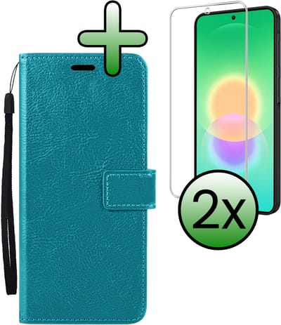 Hoesje Met 2x Screenprotector - Geschikt voor Samsung Galaxy A27 - Luxe Pasjeshouder - Bookcase Portemonee - Flip Case - Kunstleer Book Case - Flipcase Hoes - Book Cover - Walletcase - Portemonneehoes - Turquoise
