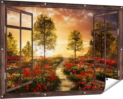 Gards Tuinposter Doorkijk Mooi Landschap met Rode Bloemen en Zonsondergang - 150x100 cm - Tuindoek - Tuindecoratie - Wanddecoratie buiten - Tuinschilderij