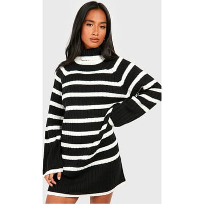boohoo Dames Petite Rolkraag Brede Mouw Gestreepte Trui-Jurk | Black | Maat: 6