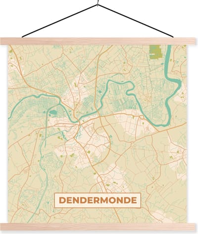 Posterhanger incl. Poster 40x40 cm - Schoolplaat - Dendermonde - Plattegrond - Kaart - Vintage - Stadskaart - Textielposter - Blanke latten - Stadskaart