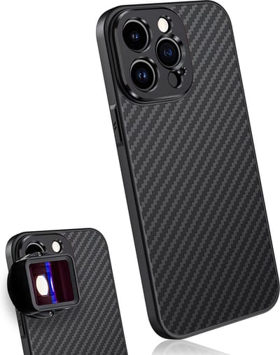 MOJOGEAR 17mm lens case voor iPhone 15 Pro — Schroefdraad voor macrolens, telelens, anamorphic lens of DOF-adapter — Stevig hoesje — Carbon — Zwart