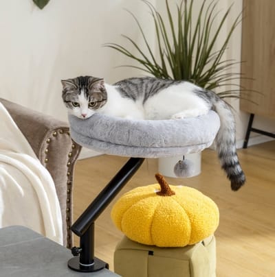 MEUNIQ kattenhangmat voor bureau en vensterbank 35 x 35 x 48 cm, 360° draaibaar, verstelbare hoogte, afneembaar en machinewasbaar ligbed, polyester, grijs