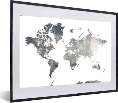 Poster in lijst - Fotolijst 60x40 cm - Posters - Wereldkaart - Blauw - Hout - Posterlijst zwart - Decoratie - Wanddecoratie woonkamer - Muurdecoratie slaapkamer