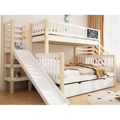 ModernLuxe Stapelbed 90x200cm + 140x200cm in hout - met 2 lades, glijbaan en opbergtrap - Wit