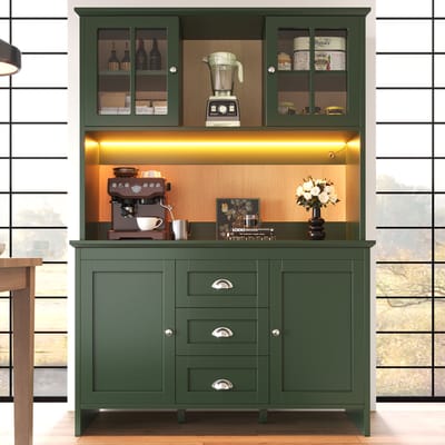 Keukenkasten (120 x 40 x 179 cm), hoge keukenkasten, sideboards, keukenkasten met bruine glazen deuren en LED-verlichting, groen