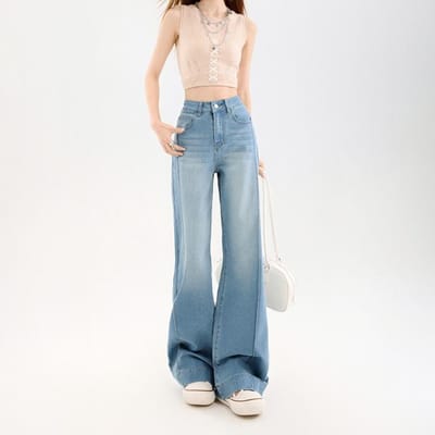 Jeans taille haute et légèrement bouffants pour femmes Printemps Ne colle pas aux jambes M