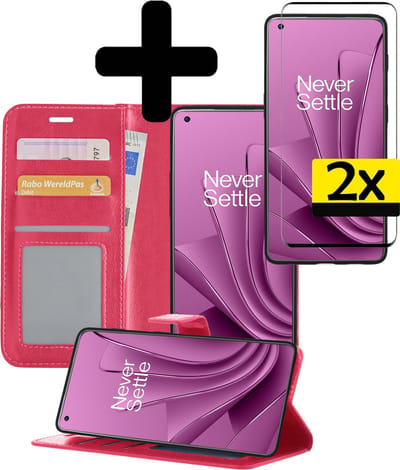 Hoesje - Met 2x Screenprotector - Geschikt voor OnePlus 10 Pro - Luxe Pasjeshouder - Bookcase Portemonee - Flip Case - Kunstleer Book Case - Flipcase Hoes - Book Cover - Walletcase - Portemonneehoes - Telefoonhoesjes - Donkerroze