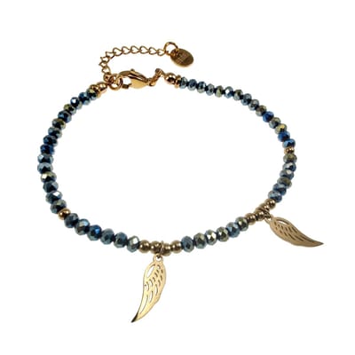 Armband met Gefacetteerde Groen, Blauwe en Goudkleur Kristallen en Engelenvleugelhanger, RVS Verguld - 15cm tot 19cm
