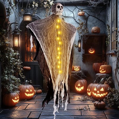 Dailygoods- Deurgordijn Halloween Spook - Hangende Grim Reaper - LED Doodskop - Feestdecoratie - Buitengebruik - 80 cm Groot - Halloweendecoratie