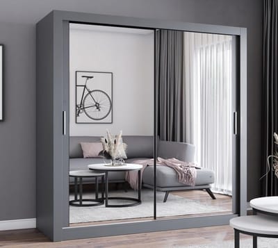 MN Grey Sliding Door Wardrobe 203 x 215 x 64 cm with Mirror - Bedroom Furniture, Storage - Multifunctional Cabinet with 4 Clothes Rails