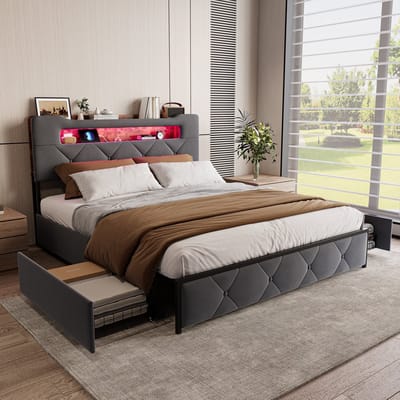 Gestoffeerd bed 160 x 200 cm met ledverlichting en oplaadstation, bedframe met 4 lades voor opbergruimte, slaapkamerbed met lattenbodem, fluwelen stof, grijs, exclusief matras (verpakt in 2 pakketten voor verzending)