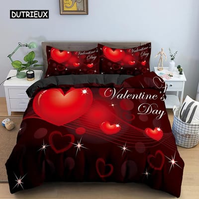 Valentijnsdag Huwelijks Beddengoed Set 2/3 Stuks Luxe Roos Liefde Hart Dekbedovertrek King Microvezel 3D Rode Roos Print Dekbedovertrek AU Single(140x210cm)