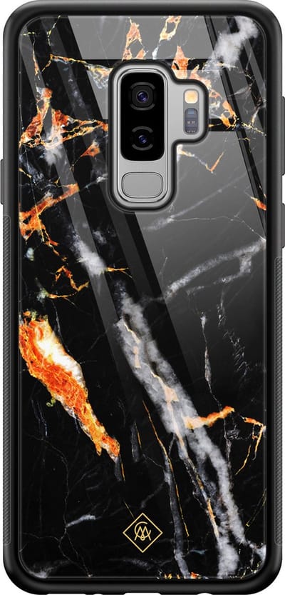 Casimoda® hoesje - Geschikt voor Samsung Galaxy S9+ - Marmer Zwart Oranje - Luxe Hard Case Zwart - Backcover telefoonhoesje - Zwart