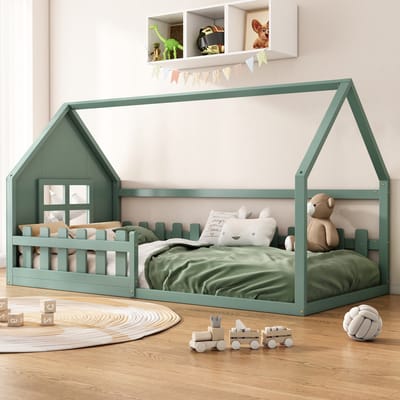 MEUNIQ kinderbed 90x200 cm in huisvorm, eenpersoons bedframe van hout en MDF met lattenbodem en zijhekje, voor kinderkamer, groen