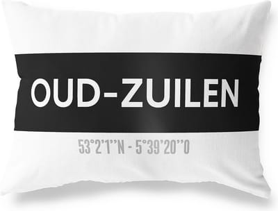 Tuinkussen OUD-ZUILEN - UTRECHT met coördinaten - Buitenkussen - Bootkussen - Weerbestendig - Jouw Plaats - Studio216 - Modern - Zwart-Wit - 50x30cm