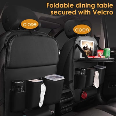 Auto-organizer voor kinderen, rugleuningbescherming auto kinderen met opvouwbare tafel, PU-leer, waterdichte achterbankorganizer, auto-reisaccessoires, opbergtas, 4 vakken en tablettas (zwart)