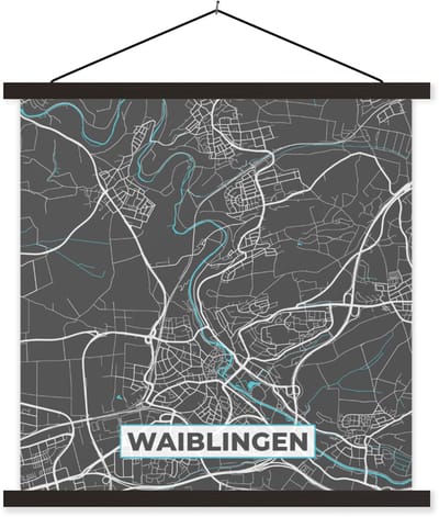 Posterhanger incl. Poster 60x60 cm - Schoolplaat - Blauw – Duitsland – Plattegrond – Stadskaart – Kaart – Waiblingen - Textielposter - Zwarte latten - Stadskaart