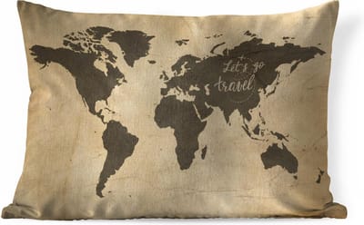 Sierkussens - Kussen - Vintage wereldkaart met de quote Let's go travel - 50x30 cm - Kussen van katoen