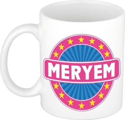 Bellatio Decorations - Meryem voornaam - koffiemok - beker - wit/roze - 300 ml - Cadeau - Dames - Collega - Moederdag - Verjaardag