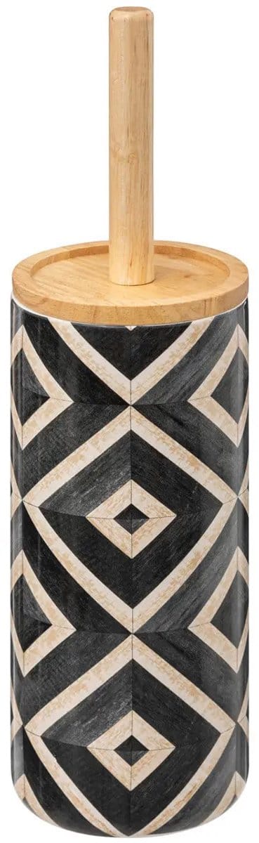 5Five WC/Toiletborstel met luxe houder Luxor - zwart met mozaiek print - dolomiet kunststeen/bamboe - 38 cm
