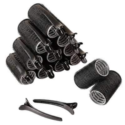 Zwart klittenband haarkrullers set voor dames – 24 stuks heatless curls met 12 zelfhechtende krulrollers en 12 clips – haar rollers voor krullen, volume en styling van korte, middellange en lange haarlengtes