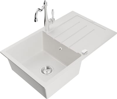 Mexen Bruno 1-komorige granieten spoelbak met afdruiprek en keukenmengkraan Carla, wit - 6513-20-670700-00