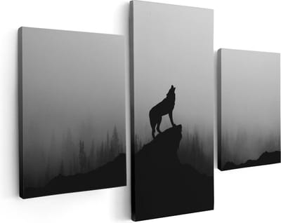 Artaza Canvas Schilderij Drieluik Silhouet Van Een Huilende Wolf - Abstract - 90x60 - Foto Op Canvas - Canvas Print