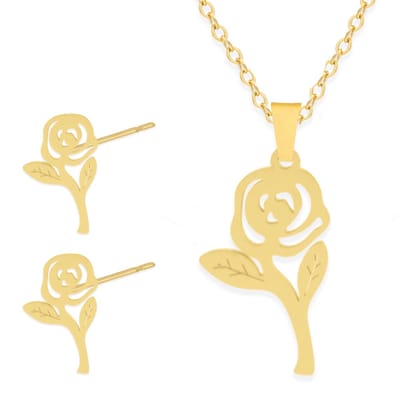 Cadeau Ketting & Oorbellen set met Roos - Roestvrij Staal - Goudkleurig - Cadeau Sieraad op Kaartje - Pax Amare