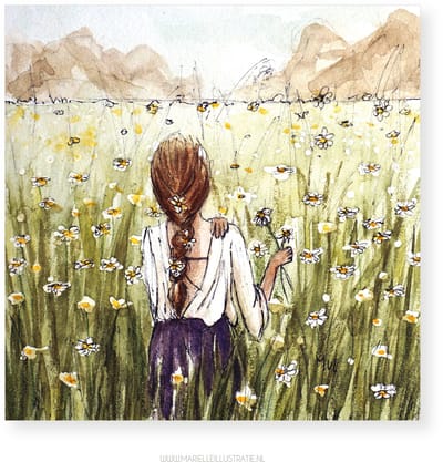 In de natuur, wenskaart 12,5x12,5cm, illustratie aquarel en fineliner