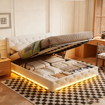 Gestoffeerd tweepersoonsbed 160x200 cm, hydraulisch bedframe met ledverlichting, modern bed met opbergruimte en in hoogte verstelbaar hoofdeinde, kinderbed, witte linnen stof, 160x200 cm, exclusief matras