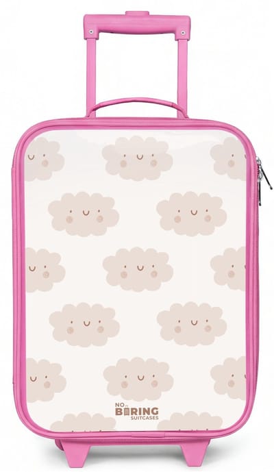 NoBoringSuitcases.com® - Kinderkoffer roze - Kindertrolley meisje - Vrolijke wolkjes met gezichtjes op crèmekleurige achtergrond - Koffer kind lichtgewicht - Reiskoffer trolley voor kinderen - Koffertje met lichtgevende wieltjes - Rolkoffer