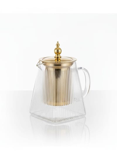 Luxe Glazen Theepot 950 ml – Met Goudkleurig Deksel & Infuser – Ribbeld Design – Voor Losse Thee & Verse Kruiden – Hittebestendig Borosilicaatglas