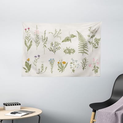 ABAKUHAUS Kleurrijk Wandtapijt, Vintage Kruiden en Bloemen, Woonkamer Slaapkamer Wanddoek Zijdezacht Satijn Wandtapijt, 150 x 100 cm, Bleke Eierschaal Multicolor
