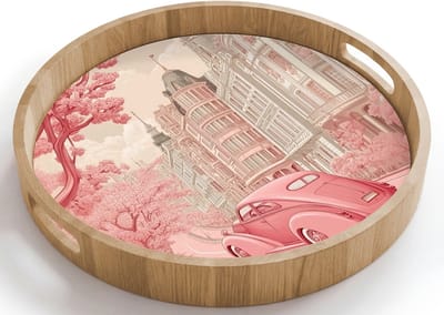 Dienblad rond 40x40 cm - Schootdienblad hout - City - Car - Pink - Borrelplank rechthoek - Plateau houten dienbladen