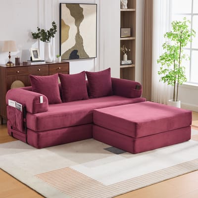 MODENUIT Hoekbank 200 x 190 cm - Modulair met Hocker, Zijvak en Metaalframe - Woonkamer en Studio - Cord Wijnrood