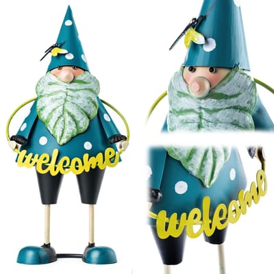 KADAX Tuinkabouter 29 cm met welkomstbordje, tuinfiguur van gepoedercoat staal, metalen tuinkabouter, decoratieve buitenfiguur, tuindecoratiefiguur